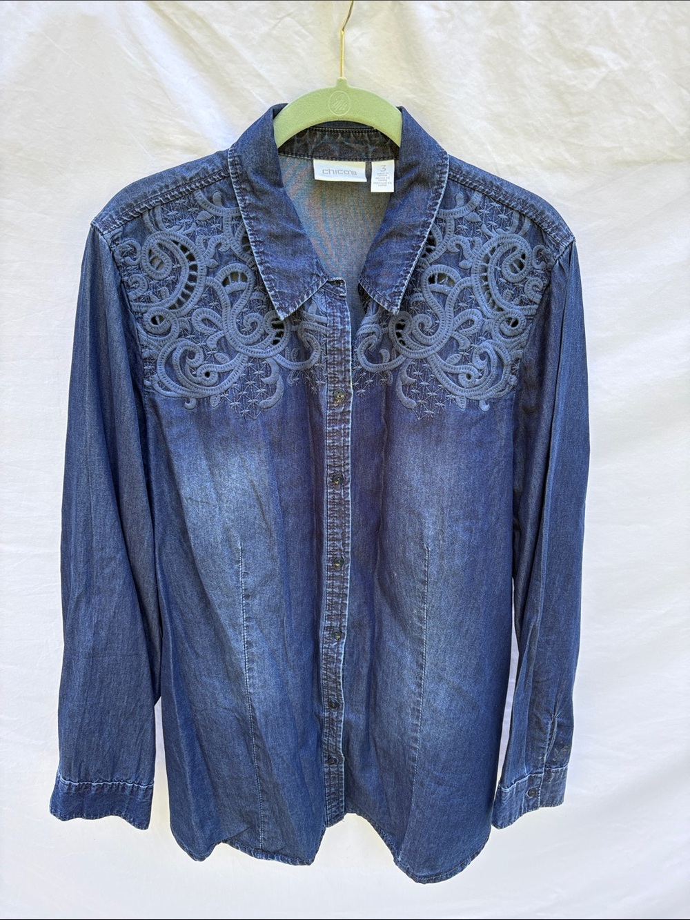 Chico's Indigo Blue Denim Button-Front Shirt with Embroidered Yoke